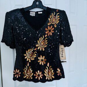 Stenay Handmade 100% Silk Sequin Embellished Sheer Illusion Top Size M